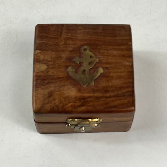 Small Wood Trinket Box with Brass Anchor Inlay Made in India Nautical 2.75" - Picture 1 of 10